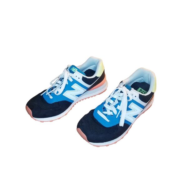 New Balance 574 Blue/Orange Denim Shoes Sneakers Womens  New Balance 574 Women\'s Size 8 Blue Black Orange Running Shoes Sneakers WL574MSA